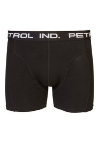 Černé bavlněné boxerky s širokým elastickým pasem, na kterém je bílým písmem nápis "PETROL IND." a zpevněným šitím pro vyšší odolnost.