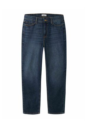 Mørkeblå denimjeans med frontknap og lynlås, bæltestropper og forlommer vist på en hvid baggrund.