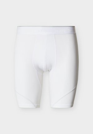 Pantaloni scurți compresivi albi pentru bărbați, cu talie branduită și cusături vizibile, expuși pe un fundal simplu și deschis la culoare.