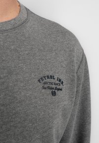 Felpa grigia con colletto a coste, caratterizzata da un logo ricamato blu scuro con il testo "PETROL IND. ARCTIC RACE Ice Rider Legend" sul petto.