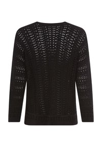 Schwarzer Strickpullover mit lockerem, offenem Webmuster. Verfügt über einen weiten Rundhalsausschnitt und lange Ärmel. Strukturierter gerippter Saum und Bündchen.