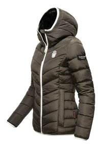 Olive green puffer jacket with a hood, white zipper, decorative logo, and black patch on sleeve; features quilted design and two side pockets.