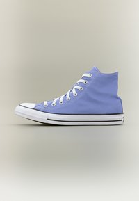 Αθλητικό παπούτσι ψηλού τύπου σε ανοιχτό μπλε καμβά με λευκά κορδόνια, λαστιχένια μύτη και μαύρη ρίγα κατά μήκος της σόλας. Λεία υφή, απλός σχεδιασμός.