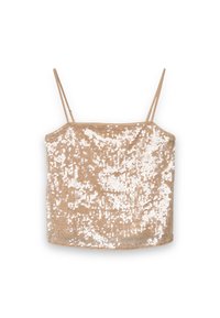 Nacktes Pailletten-Camisole-Top mit dünnen Trägern und quadratischem Ausschnitt. Verziert mit schimmernden Pailletten, die die weiche Oberfläche bedecken.