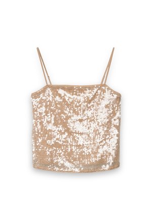 Nacktes Pailletten-Camisole-Top mit dünnen Trägern und quadratischem Ausschnitt. Verziert mit schimmernden Pailletten, die die weiche Oberfläche bedecken.