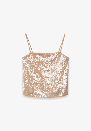 Nacktes Pailletten-Camisole-Top mit dünnen Trägern und quadratischem Ausschnitt. Verziert mit schimmernden Pailletten, die die weiche Oberfläche bedecken.