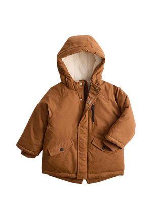 Brun vinterjakke med hætte, foret med fleece, foran lynlås og knaplukning samt to lommer med klap og knapper.