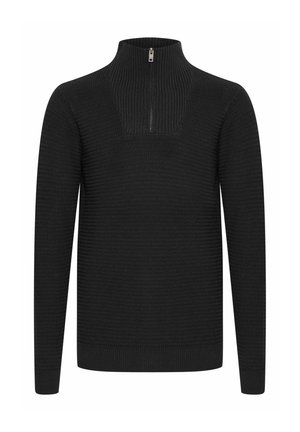 Črni pleteni pulover s pol-zadrgo, rebrasto teksturo, dolgimi rokavi, ravno obliko in enobarvnim vzorcem.
