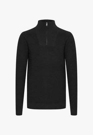 Črni pleteni pulover s pol-zadrgo, rebrasto teksturo, dolgimi rokavi, ravno obliko in enobarvnim vzorcem.