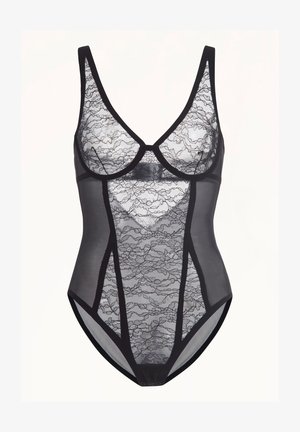 Svart bodysuit med spetsöverdrag med blommönster, genomskinliga meshsidor och en strukturerad bodice. Justerbara remmar och tryckknappsstängning.