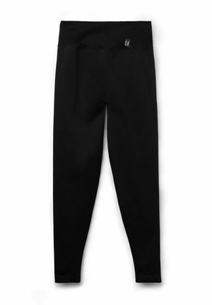 Svarta leggings i mjukt, elastiskt tyg. Hög midja med en slät yta. Har en liten logotyp nära midjebandet.