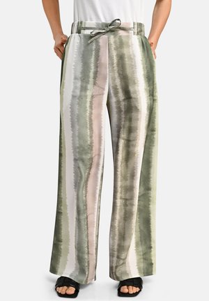 Wide-leg pants in a watercolor pattern featuring stripes of green and taupe. Made from soft material with a tie waistband and side pockets.