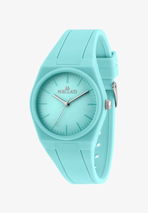 Orologio da polso Morellato azzurro chiaro con quadrante minimalista, tre lancette argento e cinturino in silicone con chiusura a fibbia.