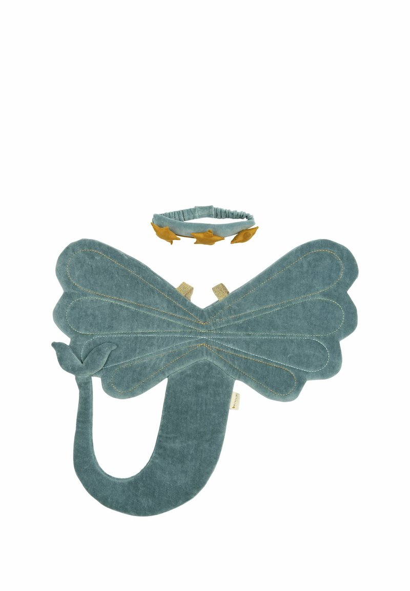 Turquoise velveteen wings with scalloped edges and a tail; includes a matching circular headband with five yellow star accents.