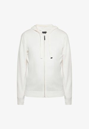 Witte hoodie met een volledige ritssluiting aan de voorkant, lange mouwen, ribgebreide manchetten en onderkant; voorzien van koordjes en een gladde textuur.