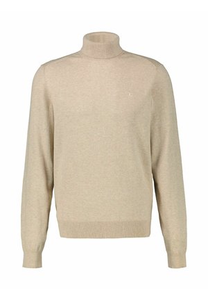 Beige Rollkragenpullover aus weichem Stoff, mit langen Ärmeln, gerippten Bündchen und einem kleinen Logo-Akzent auf der Brust.