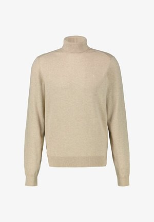 Beige Rollkragenpullover aus weichem Stoff, mit langen Ärmeln, gerippten Bündchen und einem kleinen Logo-Akzent auf der Brust.