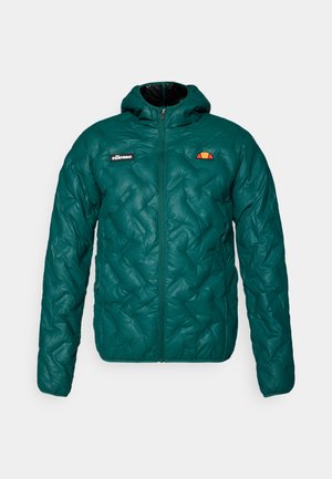 Teal quilted hooded jacket with front zipper, long sleeves, ellesse logo patch on chest, and sun-shaped emblem on right side.