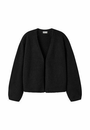 Cardigan nero con apertura frontale, maniche lunghe e tessuto morbido e strutturato, mostrato su sfondo bianco.