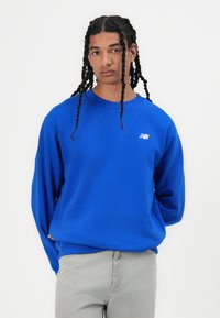 Blauwe sweatshirt van zachte stof, met een ronde hals, lange mouwen en een klein wit logo op de linkerkant van de borst.