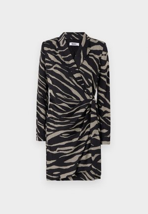 Black wrap dress featuring a zebra print pattern in beige. Long sleeves and a gathered waist detail enhance the design.