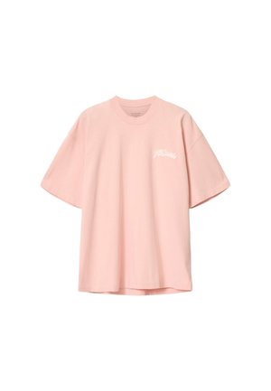 T-shirt rose clair à manches courtes avec col rond et petit logo blanc "AllSaints" sur la poitrine gauche.