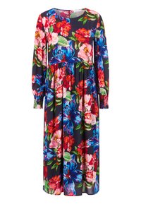 Blumenkleid in Midi-Länge mit dunklem Marineblau als Hintergrund, das lebhafte rosa, rote und blaue Blumen zeigt. Lange Ärmel mit gerafften Bündchen und einem gestuften Rock.
