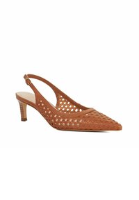 Tan leather slingback shoe with woven cut-out design, pointed toe, modest heel, and adjustable ankle strap. Features a smooth interior lining.
