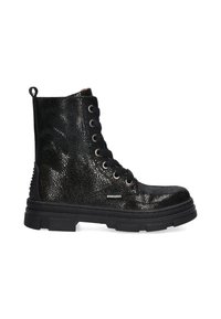 Stivaletti neri alla caviglia con finitura testurizzata e scintillante, caratterizzati da occhielli in metallo, lacci e suola in gomma robusta.