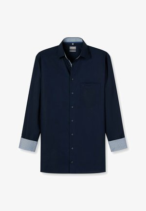 Marineblauwe overhemd met lange mouwen en een button-down kraag, met gestreepte manchetten en een enkele borstzak. Gemaakt van gladde stof.