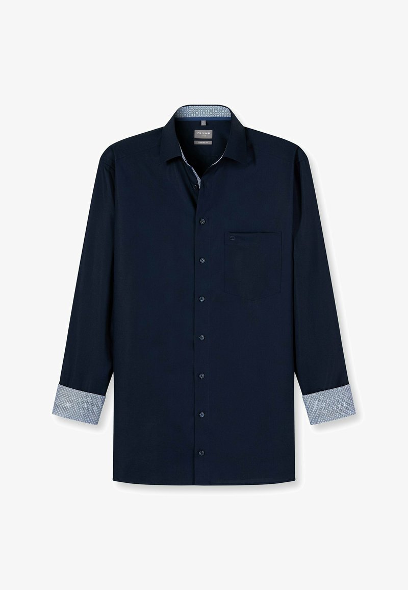 Marineblaue Langarmbluse mit Button-Down-Kragen, liebsten gemusterten Manschetten und einer einzigen Brusttasche. Aus glattem Stoff gefertigt.