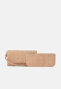 Light beige wallet set featuring a textured pattern, gold logo detailing, and a detachable wrist strap; includes a smaller matching zip pouch.