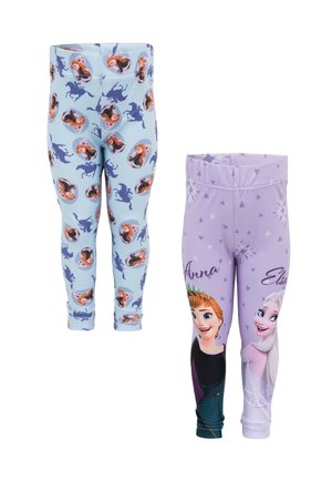 Twee paar leggings: één lichtblauw met karakterafdrukken van paarden, de andere lavendel met Anna en Elsa, met geometrische patronen.