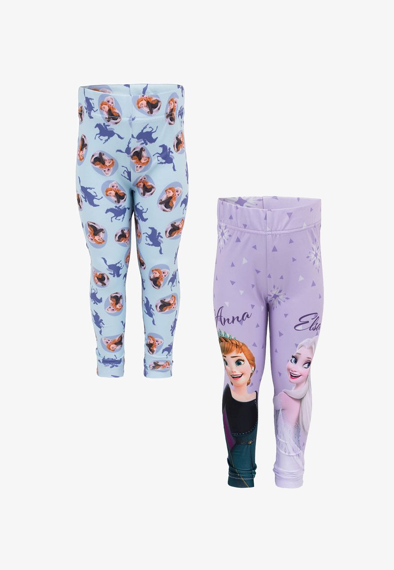 Dwa pary legginsów: jedne jasnoniebieskie z nadrukami postaci koni, a drugie lawendowe z Anną i Elsą, z geometrycznymi wzorami.