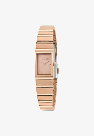 Roségouden rechthoekige horloge met een geborsteld wijzerplaat, zilveren accenten en een geschakelde metalen armband. Heeft minimalistische uurmarkeringen en het merkteken.