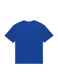 T-shirt en coton bleu avec un col rond, des manches courtes et un ourlet droit, présentant une couleur unie sans motifs ni ornements.