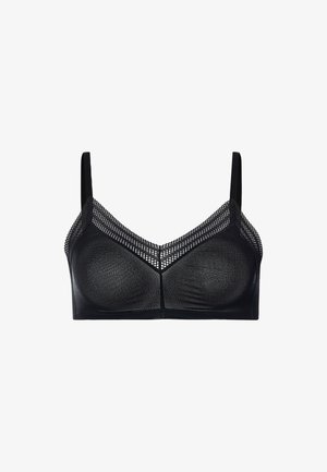 Czarny bezprzewodowy biustonosz z miseczkami z siateczki i falowanym koronkowym wykończeniem na górnej krawędzi oraz regulowanymi ramiączkami.