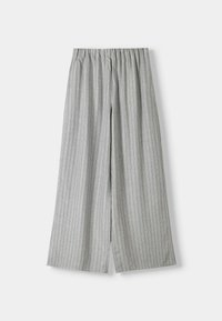 Ljust grå vida byxor med vertikala ränder, elastisk midja och en slät tygtextur, som har en avslappnad passform och hel längd.