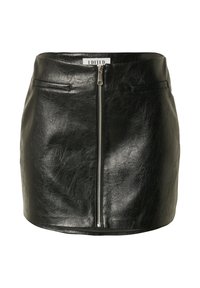 Zwarte leren mini rok met een voorste ritsluiting, twee voorzakken en een gladde, gestructureerde afwerking. Ontworpen voor een aansluitende silhouet.