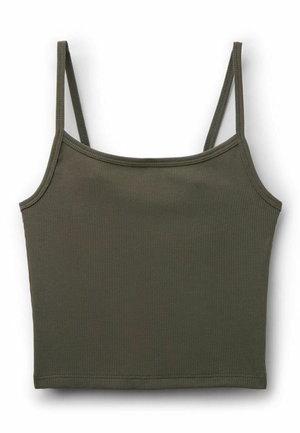 Olivgrünes, geripptes, kurzes Tanktop mit dünnen Spaghettiträgern und geradem Ausschnitt.