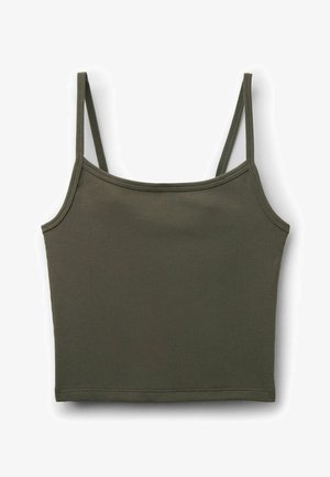 Olivgrünes, geripptes, kurzes Tanktop mit dünnen Spaghettiträgern und geradem Ausschnitt.