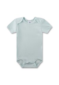 Helles blaues Kurzarm-Body aus weicher Baumwolle. Mit Druckknöpfen im Schritt und einem Umschlagkragen für ein einfaches Anziehen.