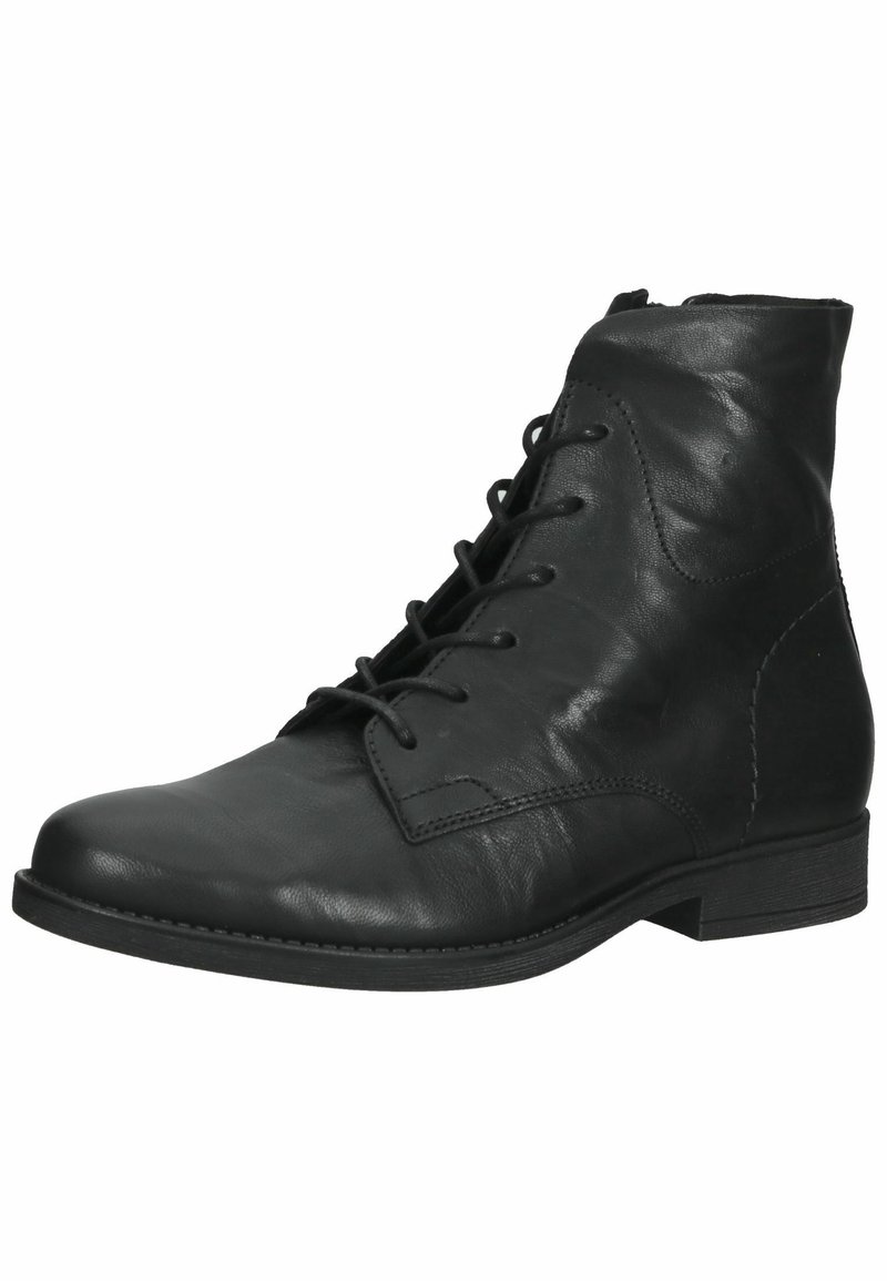 Bottine en cuir noir à lacets, talon bas et bout arrondi, montrant des coutures détaillées et la texture du matériau supérieur.