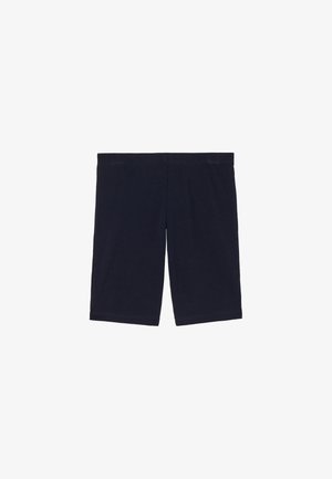 Dunkelblaue Baumwoll-Radshorts mit einem elastischen Bund, die eine glatte Textur und einen geraden Schnitt aufweisen, geeignet für Sportbekleidung.