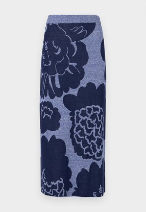 Jupe en tricot avec de grands motifs floraux dans des tons de bleu foncé et de bleu clair. Shape droite avec une taille côtelée. Texture douce.
