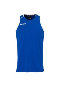 Blauw mouwloos sportshirt van lichtgewicht stof. Heeft witte accenten op de schouders en een wit 'Kempa' logo. Geen patronen.