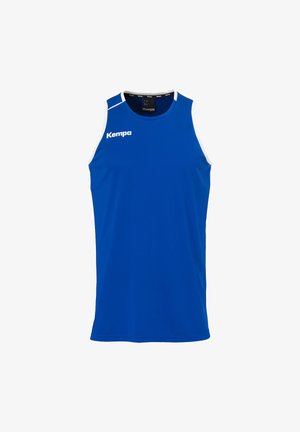 Blå ærmeløs sportsjersey lavet af letvægtigt stof. Har hvide accenter på skuldrene og 'Kempa'-logoet i hvidt. Ingen mønstre.