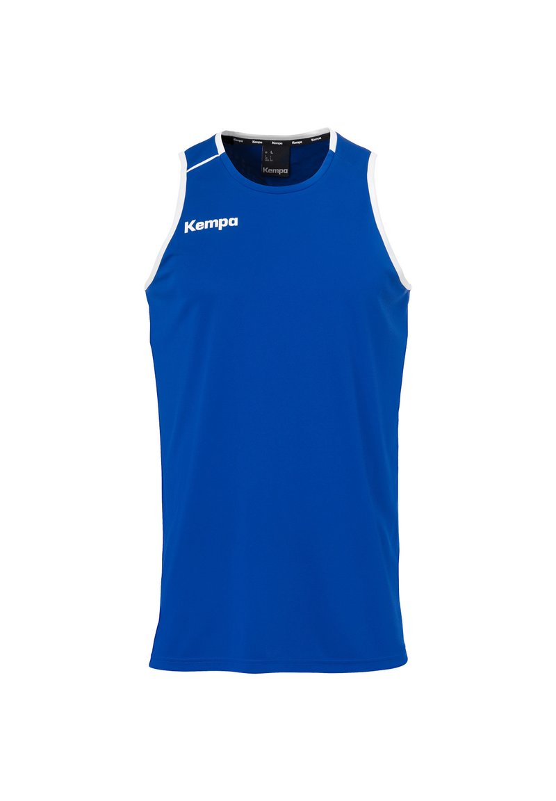 Blauw mouwloos sportshirt van lichtgewicht stof. Heeft witte accenten op de schouders en een wit 'Kempa' logo. Geen patronen.