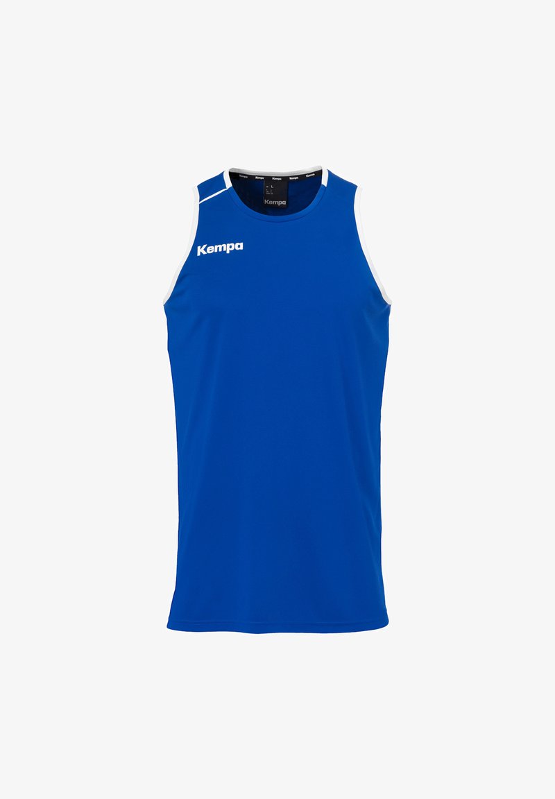 Maglia sportiva senza maniche di colore blu, realizzata in un tessuto leggero. Presenta dettagli bianchi sulle spalle e il logo 'Kempa' in bianco. Senza motivi.
