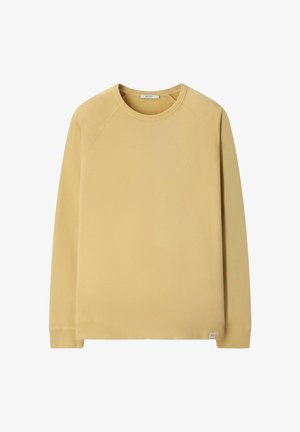 Sweat-shirt beige à manches longues avec col rond, poignets et ourlet côtelés, fabriqué en tissu lisse, sans motifs ni logos visibles.